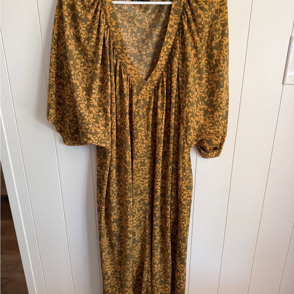 Zara Olive and Mustard Floral V-Neck Maxi Dress